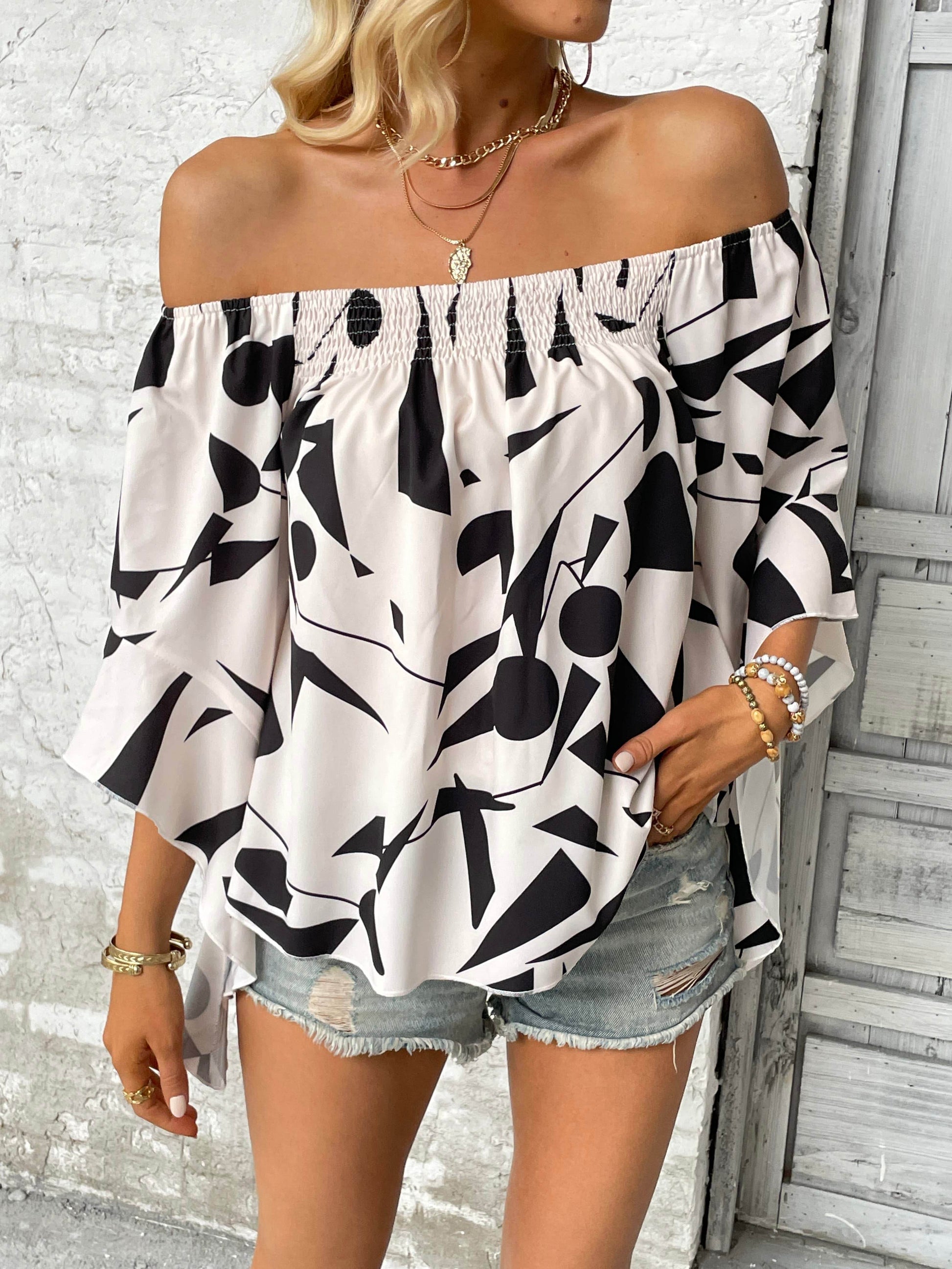 Printed Off-Shoulder Bell Sleeve Blouse Trendsi f6568bdef9d34dcb94db5d8365c6fb16-Max