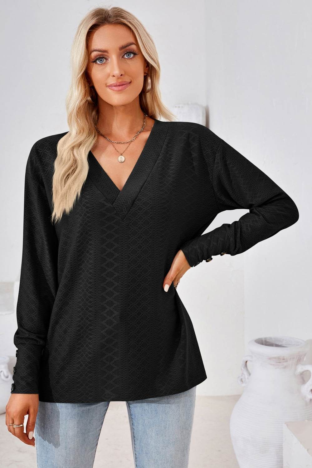 V-Neck Long Sleeve Blouse Trendsi f658b134a9674c8b8c1f1ad2ec674c9d-Max