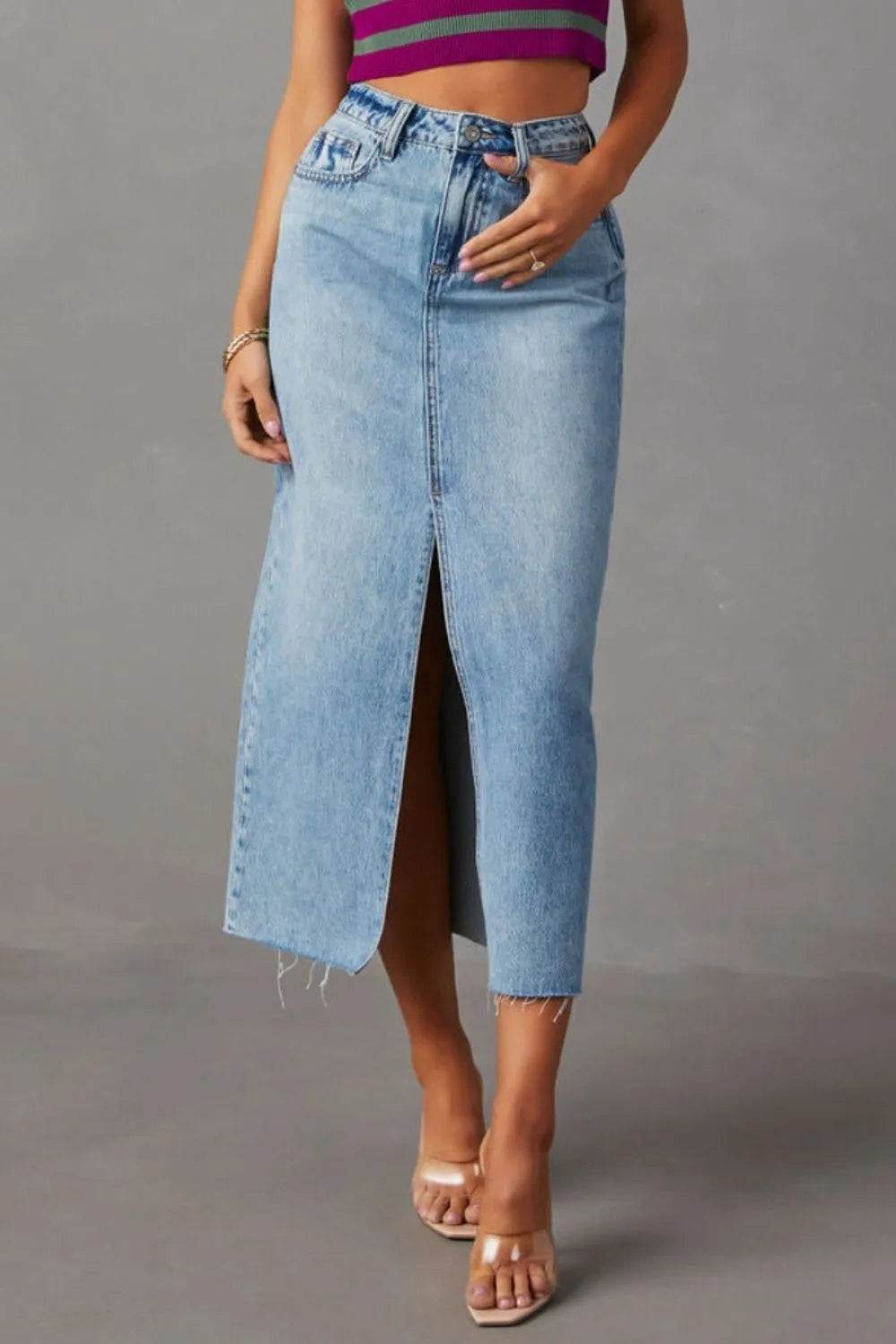 Slit Raw Hem Midi Denim Skirt Trendsi f668c64a-ef6d-4ac0-b77b-20c2329265e1-Max
