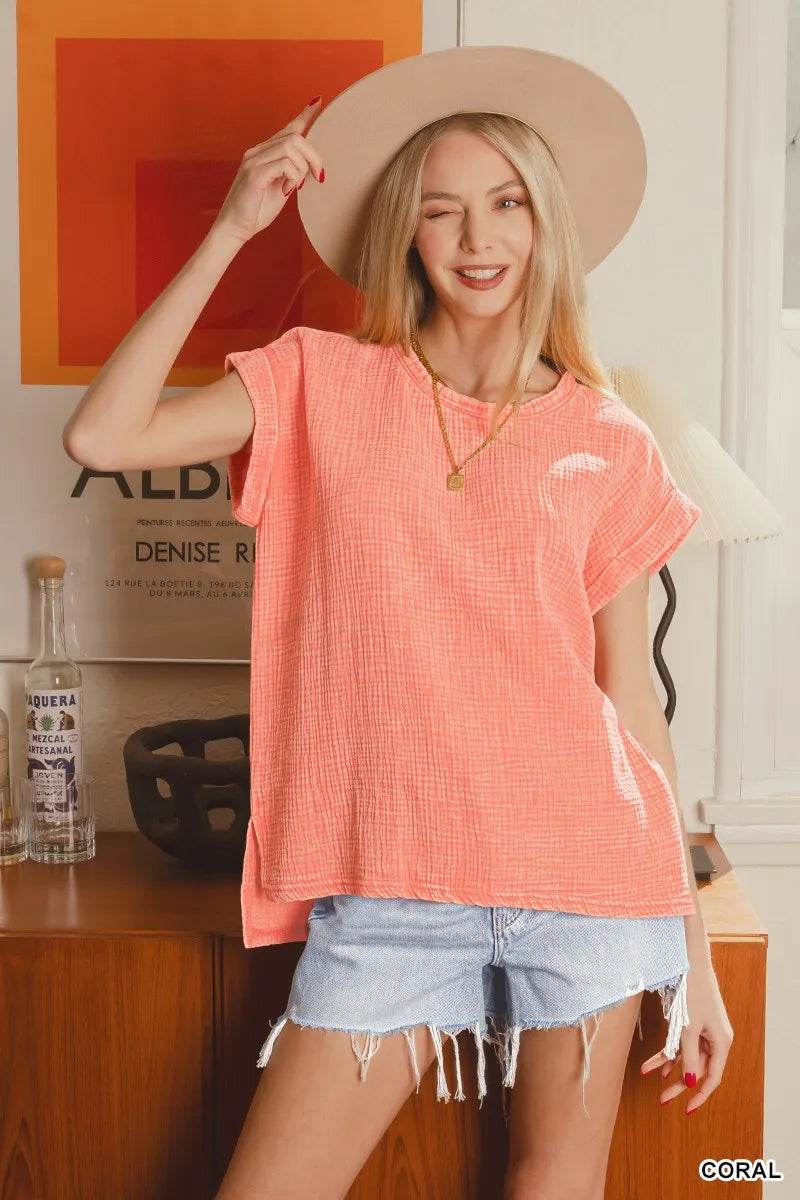 Zenana Woven Double Gauze Acid Washed Short Sleeve Top CORAL Trendsi f680633eac574b01b34ec991b1e48786-Max-Origin