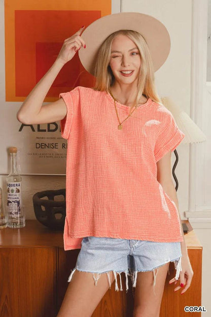 Zenana Woven Double Gauze Acid Washed Short Sleeve Top CORAL Trendsi f680633eac574b01b34ec991b1e48786-Max-Origin