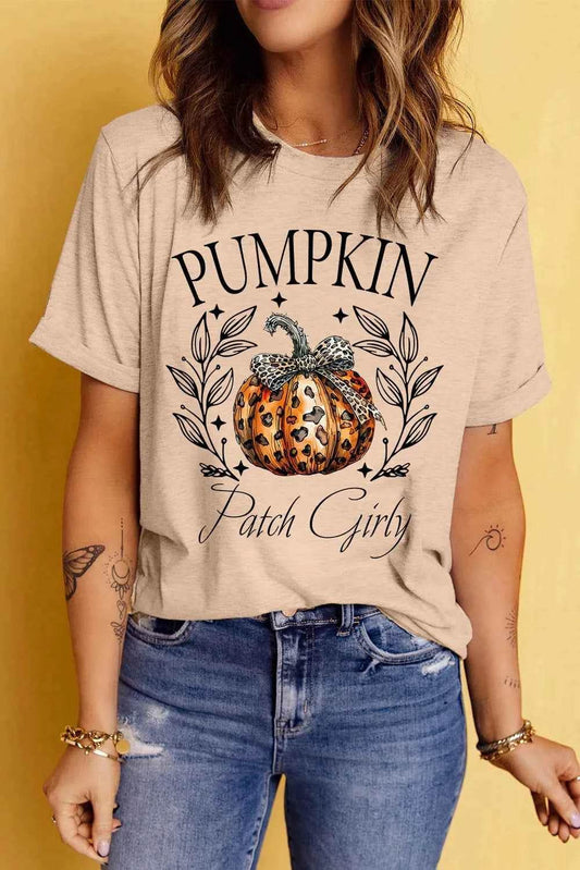 Pumpkin Graphic Round Neck Short Sleeve T-Shirt Tan Trendsi f6b227cb-57a1-4a9c-85d8-05393b8fb7b2-Max