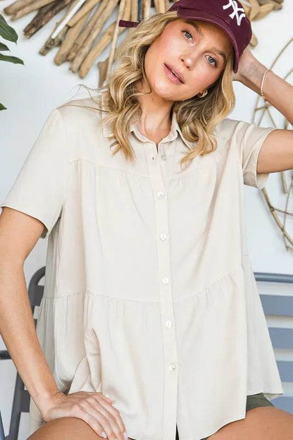 Lime 'N' Chili Solid Babydoll Short Sleeve Button Down Shirt Trendsi f6bba34aadf140b3a60a9b702eda817f-Max-Origin