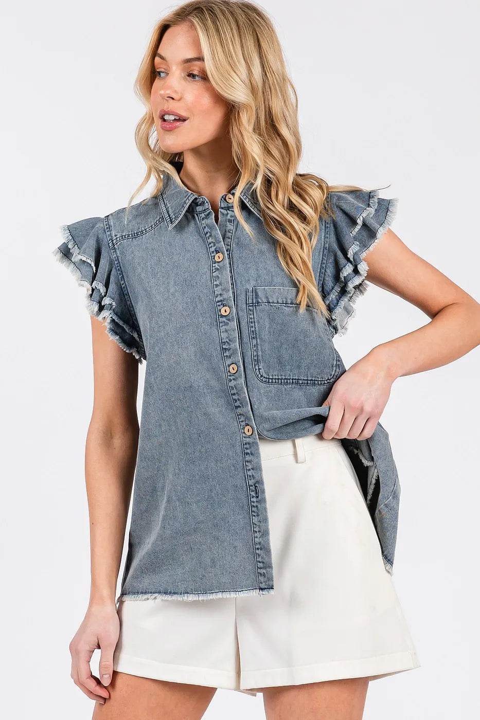 Mittoshop Washed Denim Ruffle Short Sleeve Collared Shirt Trendsi f6c0b5945f0b47c98d09f05dcb5b03a5-Max-Origin