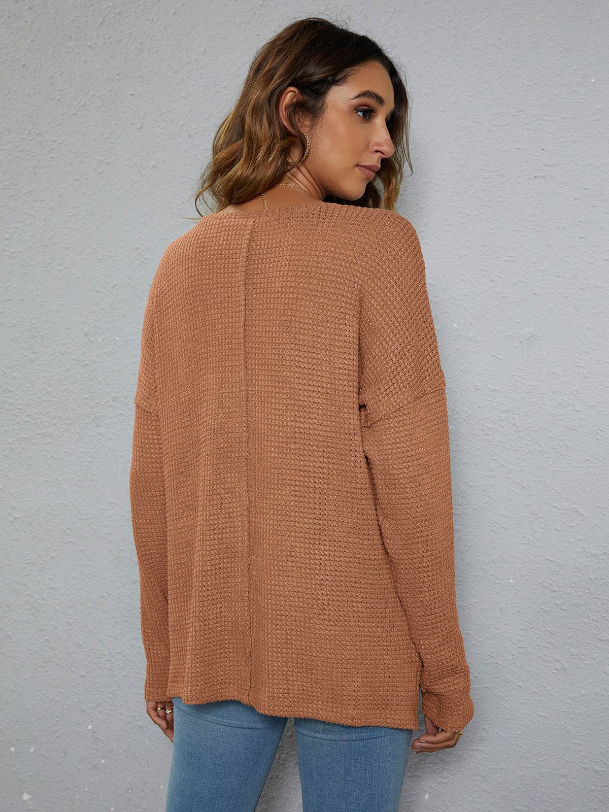 Dropped Shoulder High-Low Waffle-Knit Top Trendsi f6fc0d67101c46969a43b2552965ab42-Max