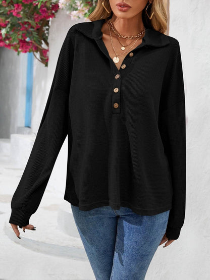 Half Button Collared Neck Long Sleeve Top Black Trendsi f6fd4b7112df433592a1763323f6da8f-Max