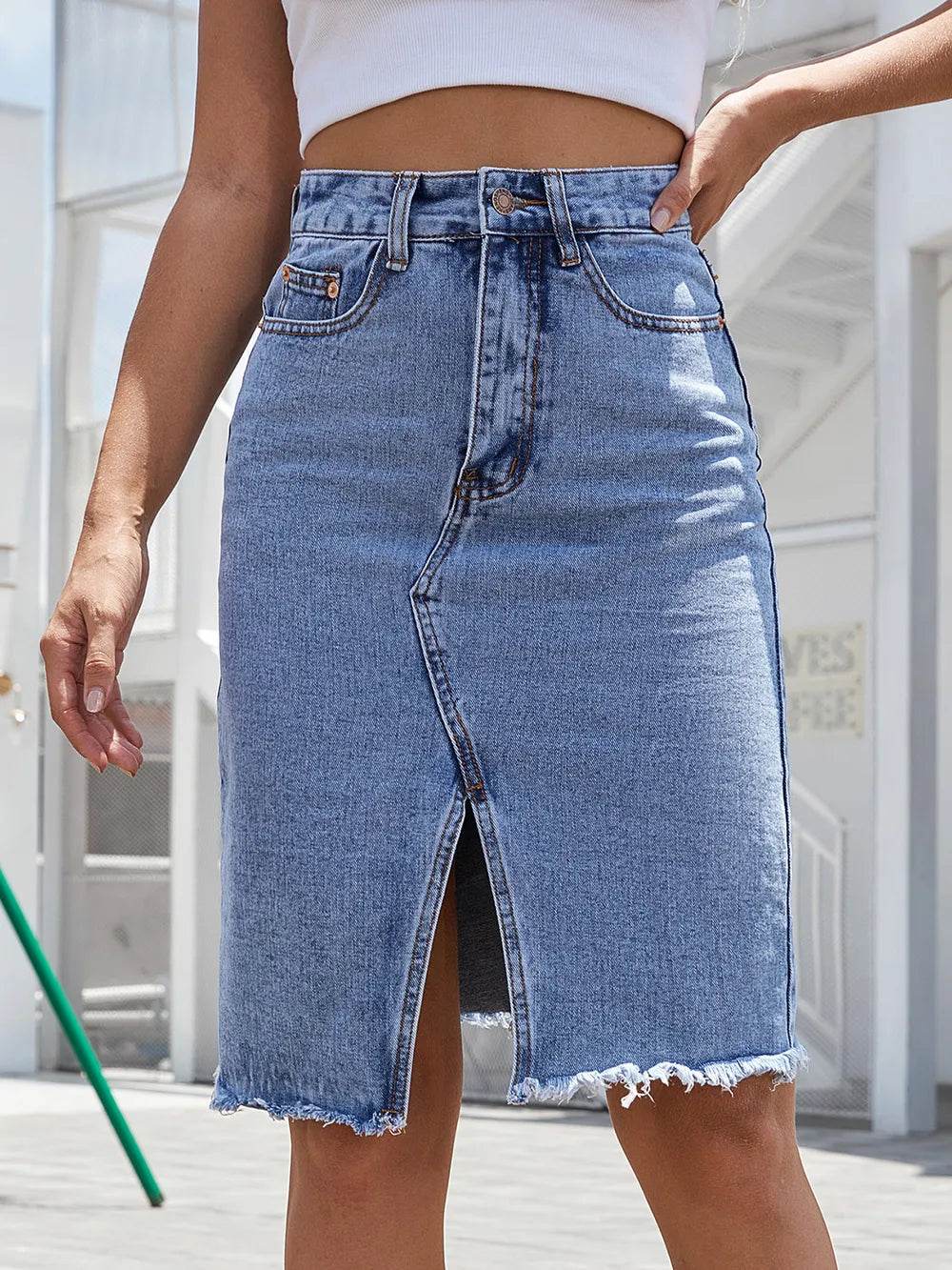Raw Hem Slit Denim Skirt Medium Trendsi f768a830-c6ab-44d4-95d3-114962a290e1-Max