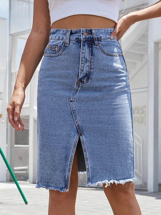 Raw Hem Slit Denim Skirt Medium Trendsi f768a830-c6ab-44d4-95d3-114962a290e1-Max