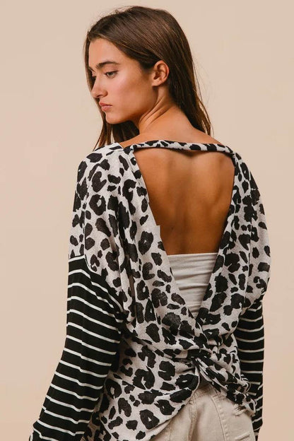 BiBi Leopard Hacci Knit Twist Back Top With Stripe Sleeve Trendsi f77d796bb16041d8bac26b4d097ae0b4-Max-Origin