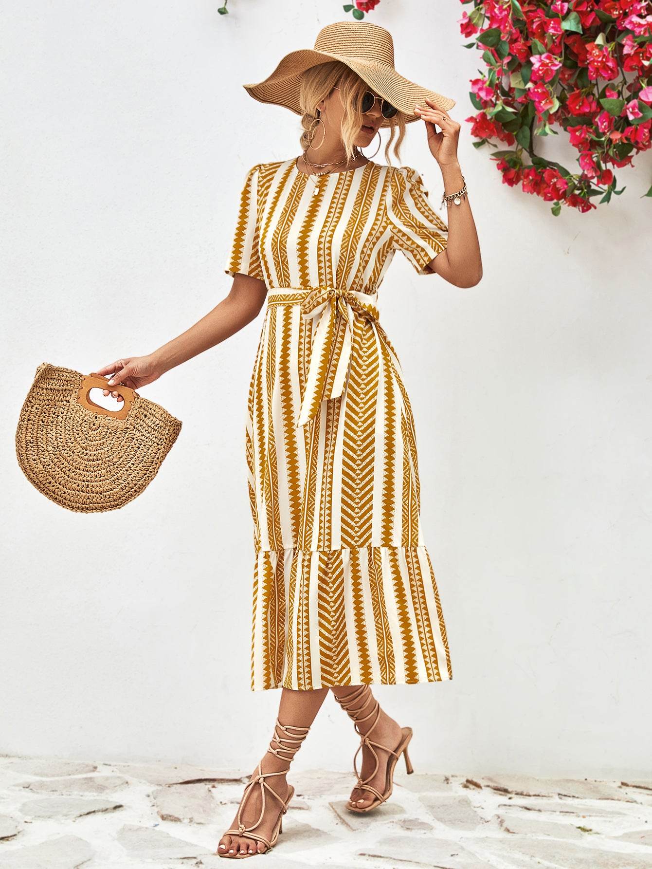 Striped Tie Belt Round Neck Puff Sleeve Dress Trendsi f7800cf69ab84dbf893adcc10e5d76a6-Max