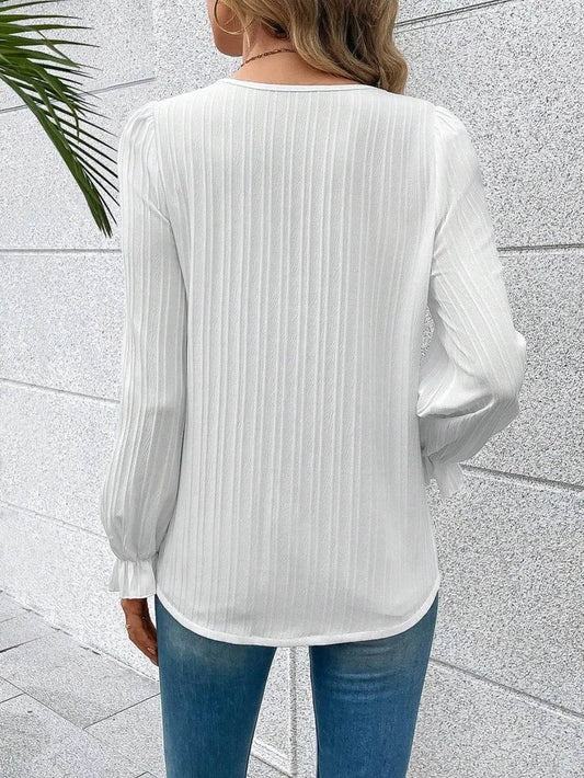 V-Neck Lace Detail Flounce Sleeve Blouse Trendsi f79d5e9624eb4b0abc6400c1e0746383-Max