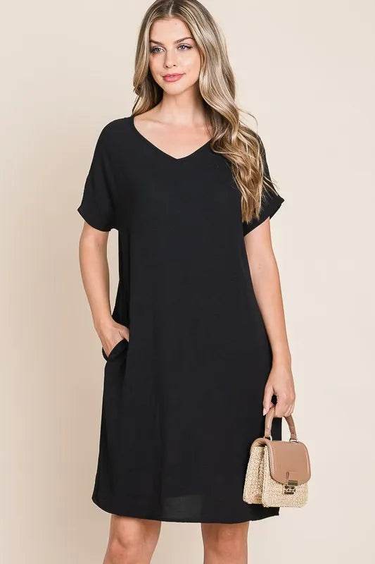 BOMBOM V-Neck Short Sleeve Dress with Pockets Trendsi f7aeb28a-ac84-466c-bb89-e7af81eac8ea-Max-Origin