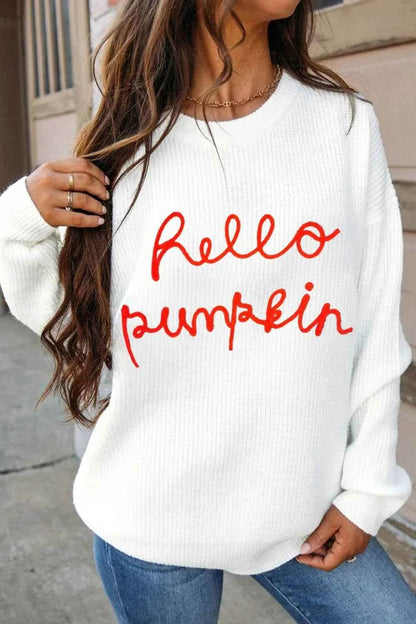HELLO PUMPKIN Round Neck Long Sleeve Sweater White Trendsi f7cdc41c-5e3f-4e6f-9379-ec16e5153810-Max