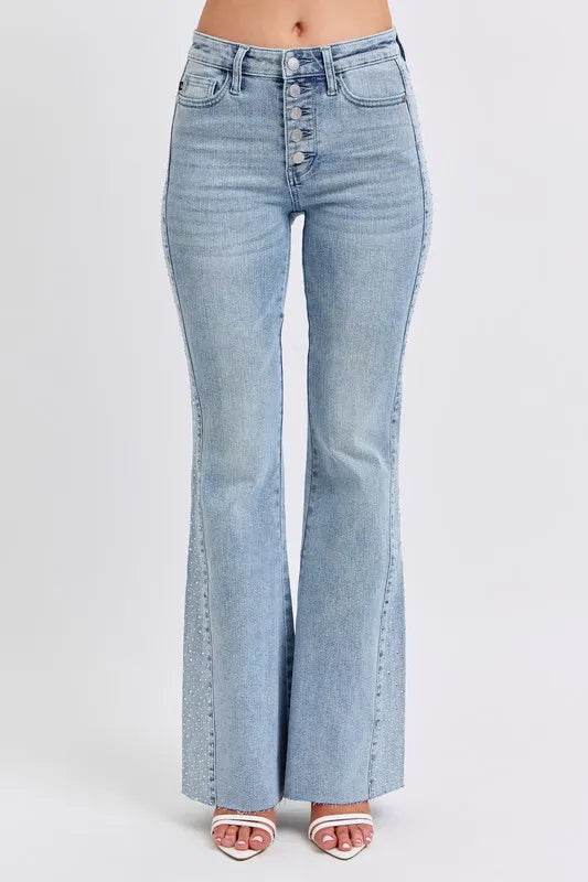 Judy Blue Full Size Mid Rise Rhinestone Side Panel Detail Flare Jeans Plus Size LT Trendsi f7e577dff8964ea5ac237f293bbd38ab-Max-Origin