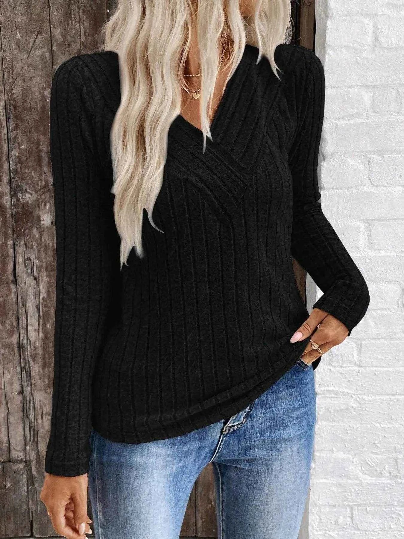Ribbed V-Neck Long Sleeve Knit T-Shirt Trendsi f81528668bcf454a84a1d5a026096b09-Max-Origin