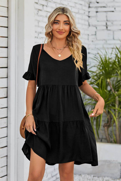 Mandy V-Neck Flounce Sleeve Tiered Dress Trendsi f82fc215ca3f4e149ba74643c3871bac-Max