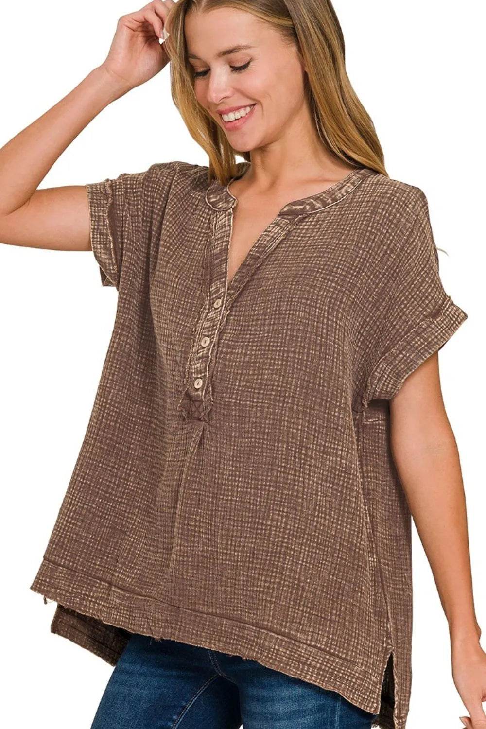 Zenana Washed Double Gauze 3/4 Button Henley Neck Shirt Trendsi f8346f09-531e-4fb7-92ff-63f5d5e8235a-Max-Origin