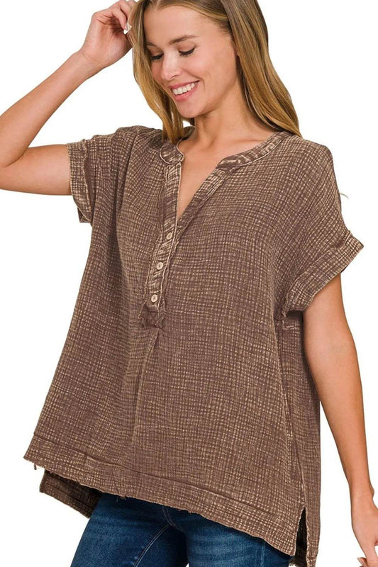 Zenana Washed Double Gauze 3/4 Button Henley Neck Shirt Trendsi f8346f09-531e-4fb7-92ff-63f5d5e8235a-Max-Origin