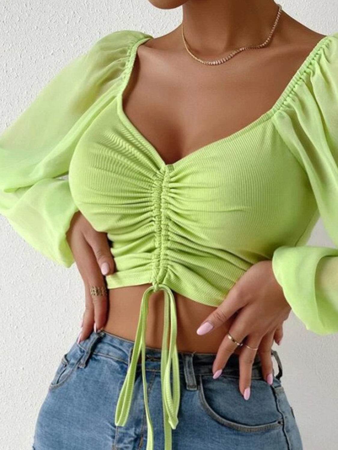 Drawstring Sweetheart Neck Cropped Top Trendsi f856064285a9426d90b694be1adc3a76-Max