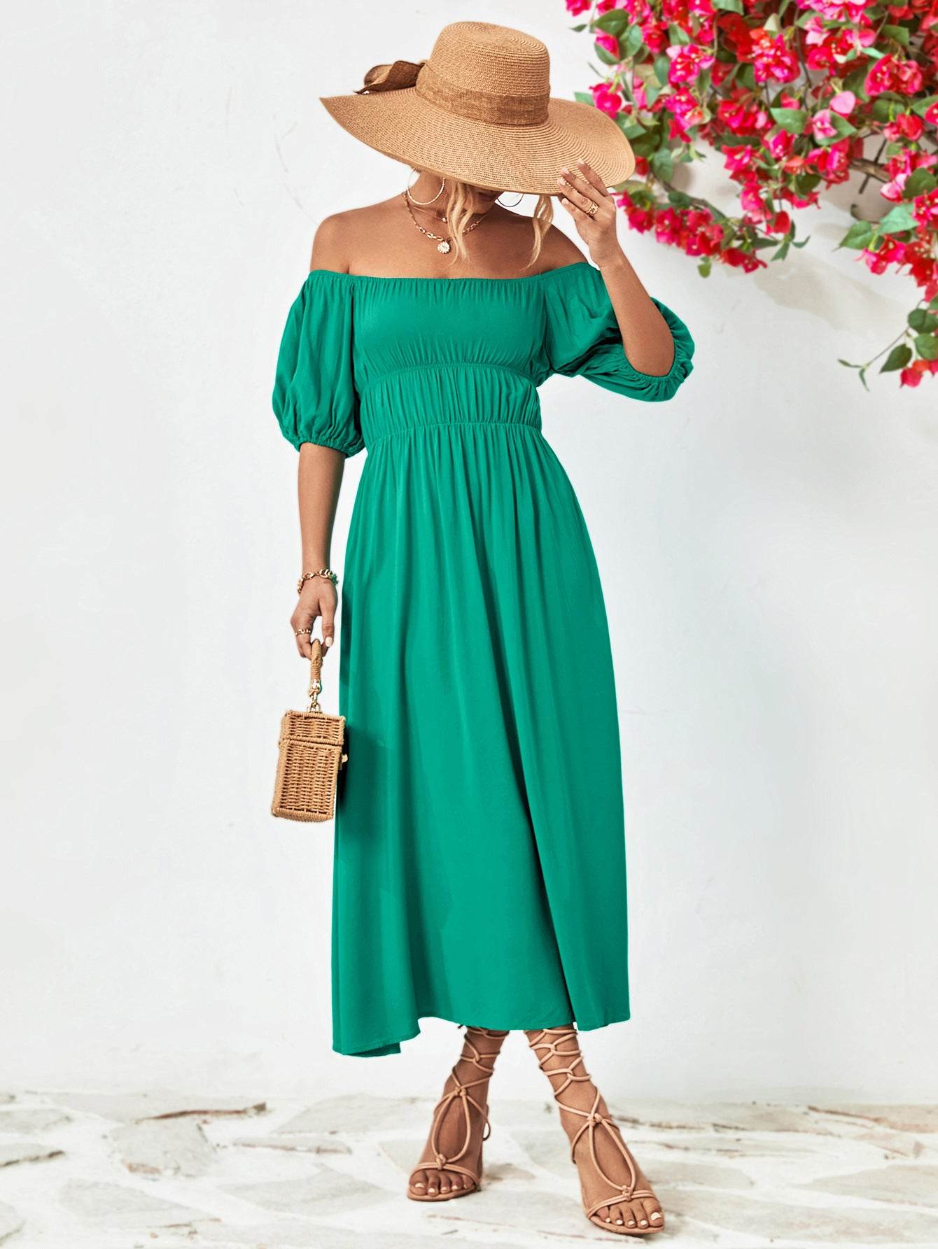 Off-Shoulder Balloon Sleeve Midi Dress Turquoise Trendsi f8561d6e31244838ac711c0508a115f0-Max