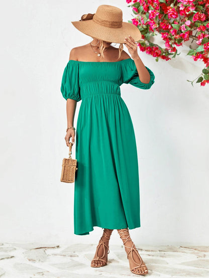 Off-Shoulder Balloon Sleeve Midi Dress Turquoise Trendsi f8561d6e31244838ac711c0508a115f0-Max