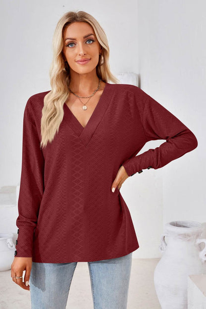 V-Neck Long Sleeve Blouse Trendsi f85ad666e2bf4e98b173bd1ec1cc2c16-Max
