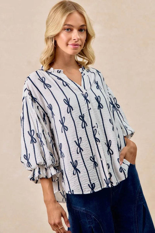 BiBi Bow Ribbon Printed Woven Bubble Sleeves Top OFF WHITE Trendsi f873b922a6b04ba29b4ad5d3714e9f88-Max-Origin