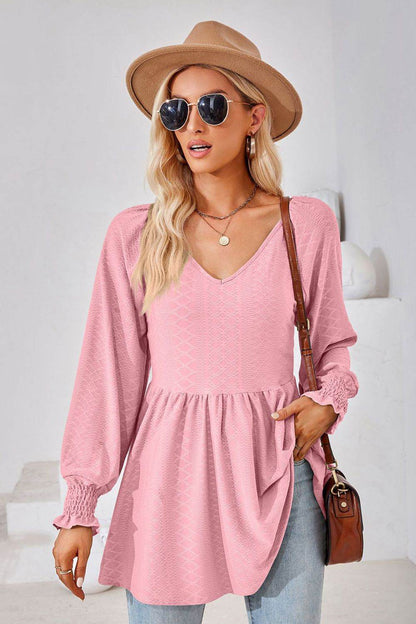 V-Neck Lantern Sleeve Blouse Pink Trendsi f888db4739544cfe8585913fec7ea9fa-Max