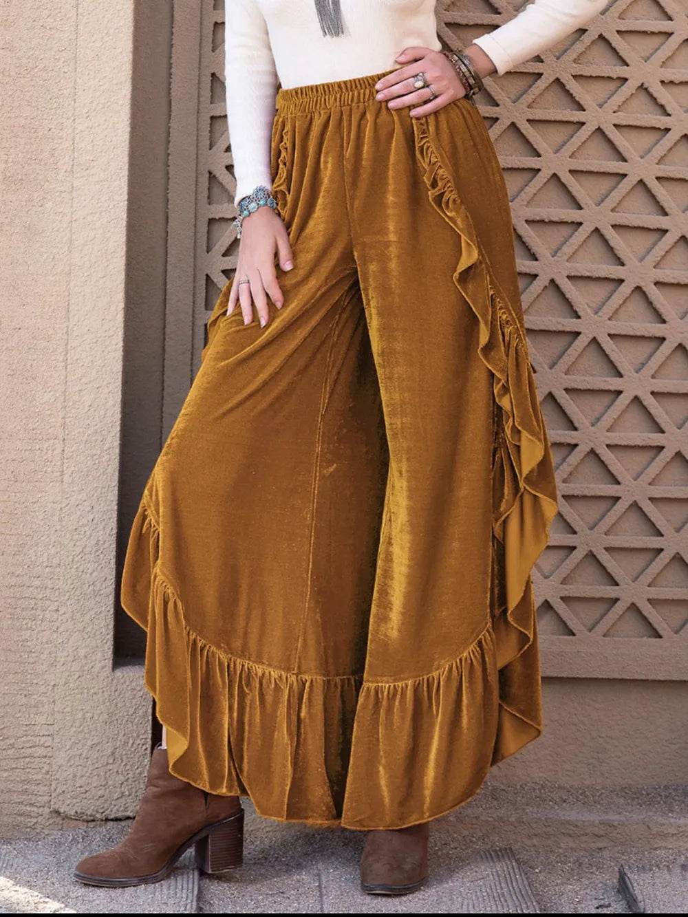 Slit Ruffled Wide Leg Pants Caramel Trendsi f897ed3c-6fb3-467c-b245-3b8717deb13c-Max