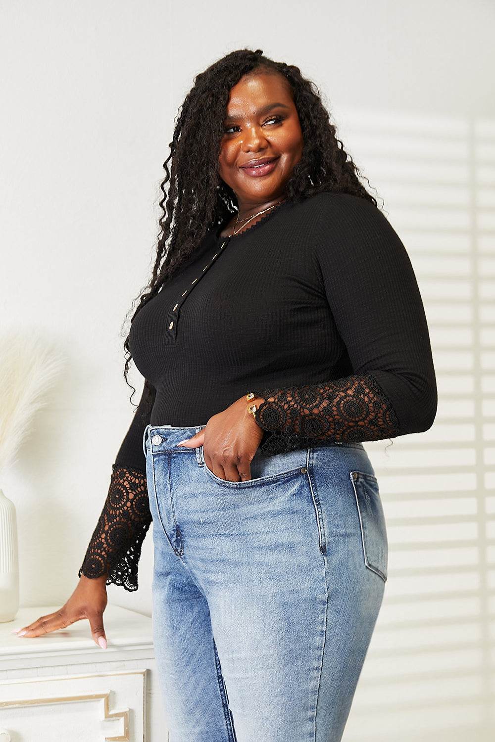 Double Take Crochet Lace Hem Sleeve Button Top Trendsi f8a19205db384a29972ea3efcfbb70e3-Max