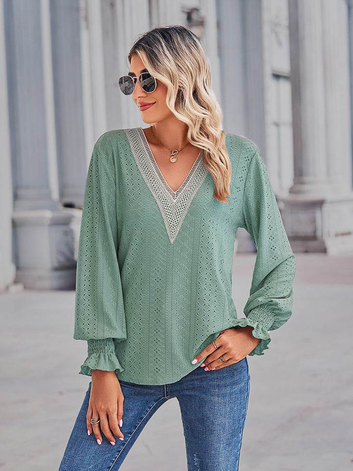 V-Neck Eyelet Flounce Sleeve Blouse Trendsi f8ace5770fb447c5a9e0b37d5e0fad8c-Max