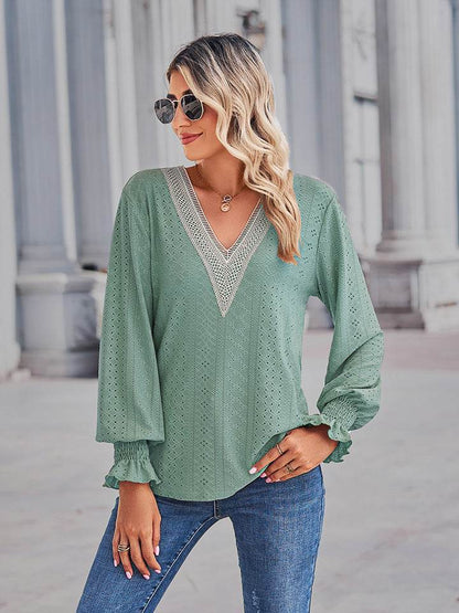 V-Neck Eyelet Flounce Sleeve Blouse Trendsi f8ace5770fb447c5a9e0b37d5e0fad8c-Max