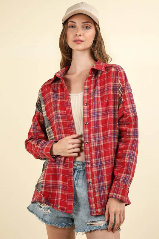 VERY J Contrast Plaid Raw Detail Shirt Red Trendsi f8d56190-9a94-4a4b-9cd3-e8b18f19f3aa-Max