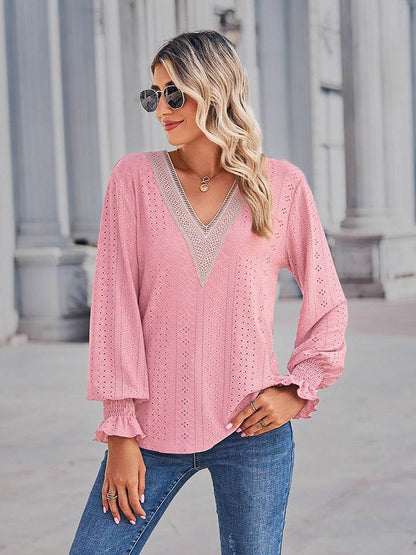 V-Neck Eyelet Flounce Sleeve Blouse Trendsi f8effad1127f48c4812d9f4cfc1a9643-Max