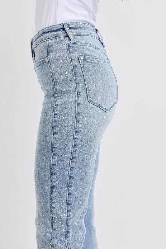 Judy Blue Full Size Mid Rise Rhinestone Side Panel Detail Flare Jeans Plus Size Trendsi f945bf84830a41cfbd1b43cb0e8ac4e4-Max-Origin