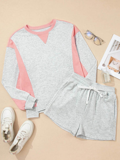Color Block Long Sleeve Sweatshirt and Shorts Set Trendsi f94e9144901b42ffb674c1cba3ce8dd8-Max-Origin