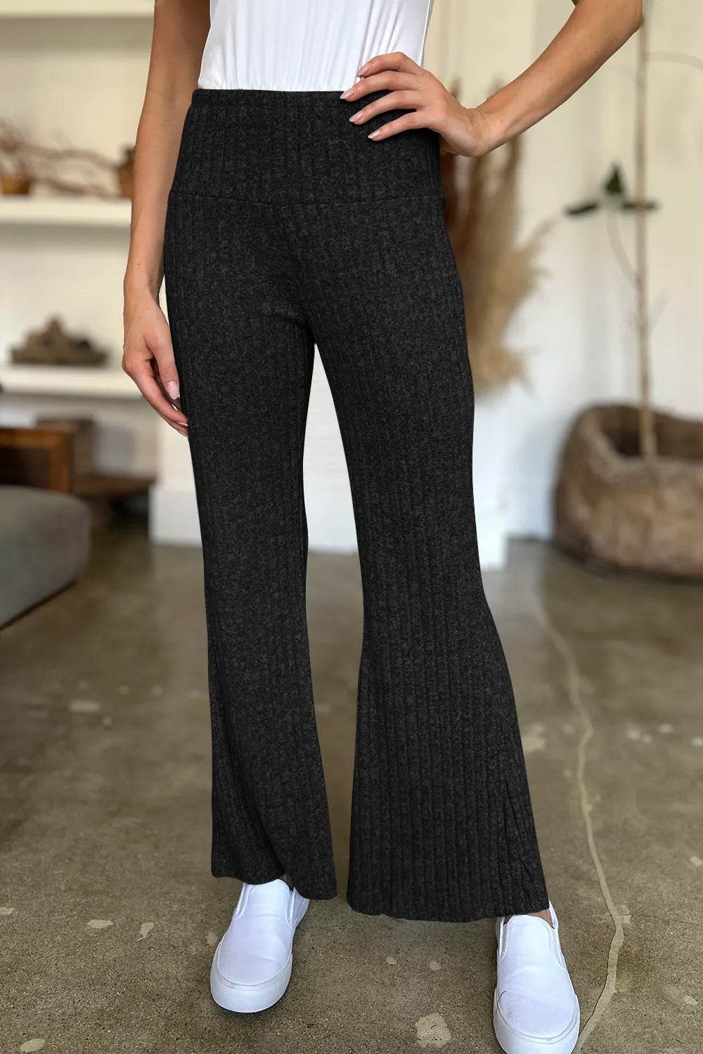 FAM-FAM Ribbed High Waist Flare Pants Black Trendsi f9798582-728b-4a12-a536-a61b5a865921-Max