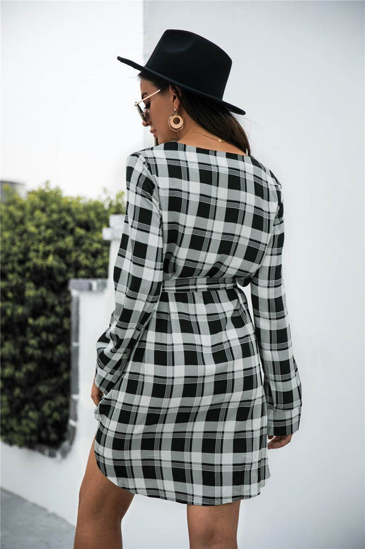Plaid V-Neck Tie Waist Dress Trendsi f97ade89b9d24137949e353dee86a822-Max