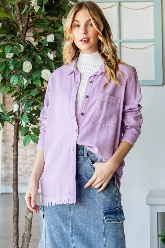 Veveret Raw Hem Button Up Long Sleeve Shirt LAVENDER Trendsi f98d77c9-bd65-4df3-aefc-265a09f74dd9-Max