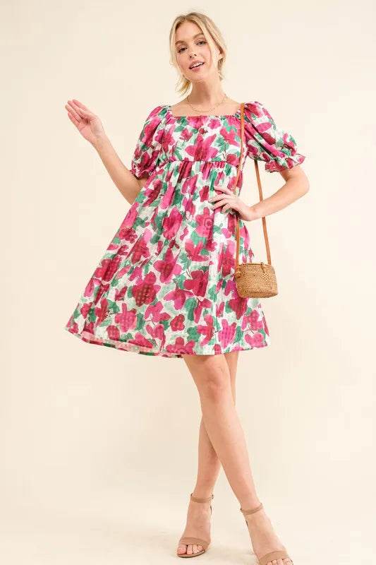 And The Why Smocked Floral Ruffle Short Sleeve Mini Dress Fuchsia Trendsi f993acec10e24a959874978f527a665b-Max-Origin