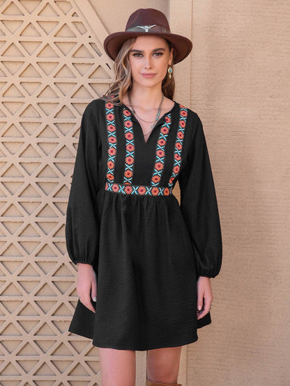 Notched Neck Long Sleeve Printed Mini Dress Trendsi f99cf5b379c6426bbdc1b49419d4995e-Max