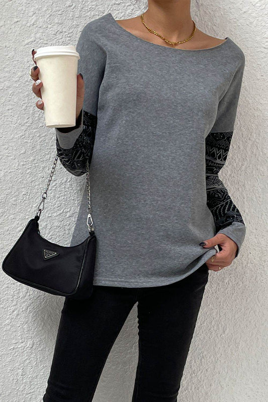 Shiny Boat Neck Long Printed Sleeve Blouse Trendsi f9a82fa1ec8546979a892c763ee3f4bd-Max