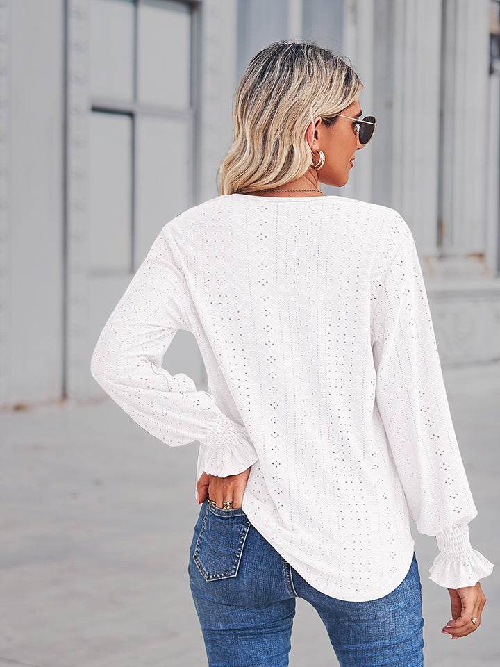 V-Neck Eyelet Flounce Sleeve Blouse Trendsi f9b2ba9d1db647b6a9f830edfb6e3936-Max