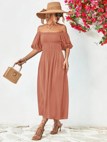 Off-Shoulder Balloon Sleeve Midi Dress Trendsi f9e3f925fdbd496181ad59e022a422d5-Max