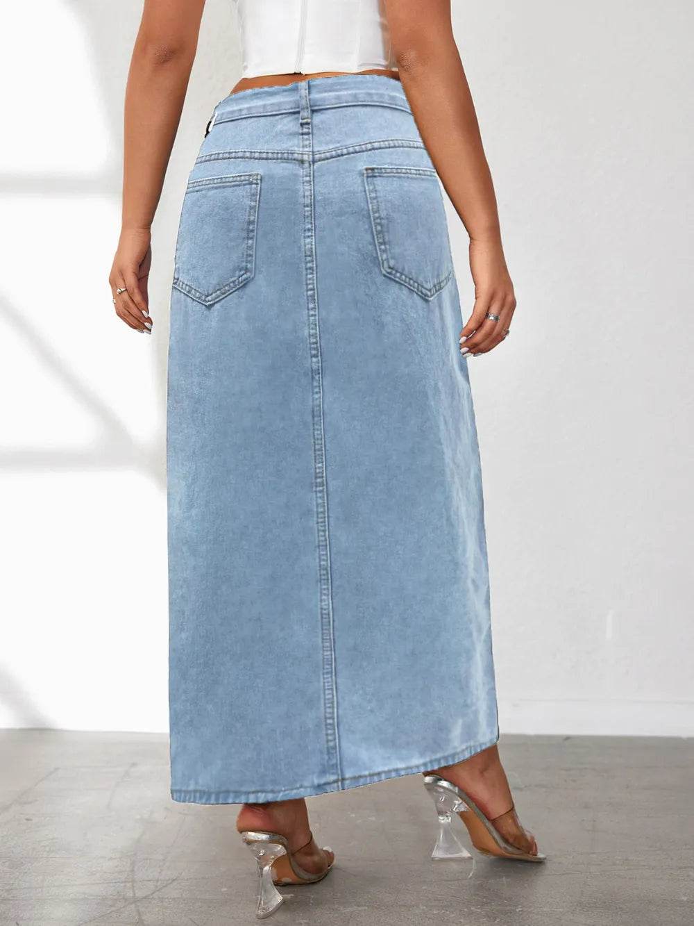 High Rise Slit Denim Skirt Trendsi f9f0369f-4ce4-455d-ae97-9a59fd76ba6e-Max