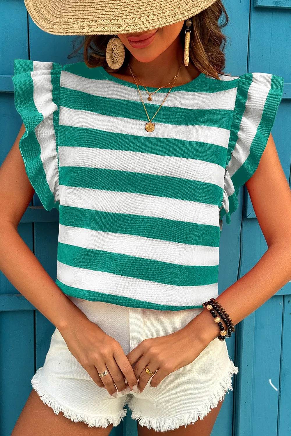 Ruffle Sleeve Striped T-Shirt Green Trendsi f9f26c91-c87b-460a-996f-68cbfe495425-Max-Origin