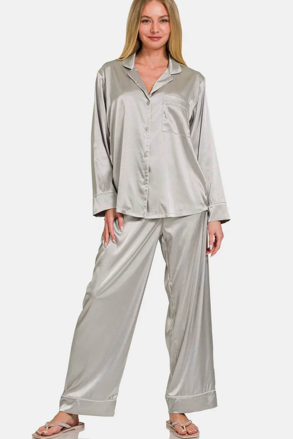 Zenana Satin Long Sleeve Shirt and Pants Pajama Set Silver Trendsi f9fa8eab-c954-4ed0-bf63-9ce7f7f46856-Max