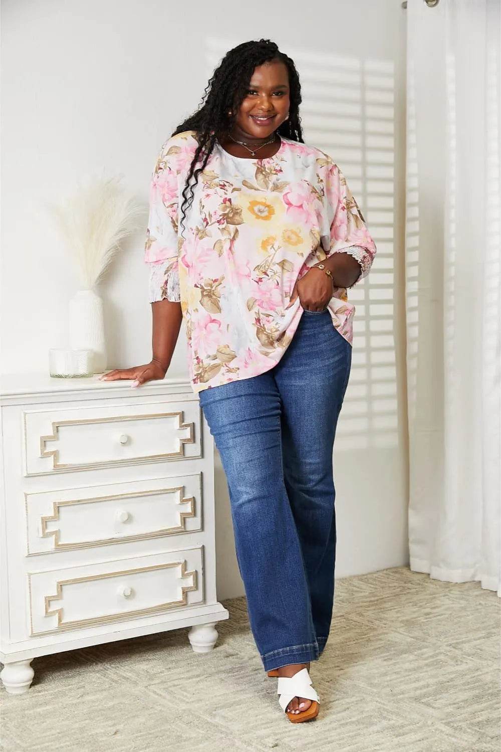 Double Take Floral Round Neck Three-Quarter Sleeve Top Trendsi fa28d059-dcd5-40bd-b278-7958fc585c20-Max