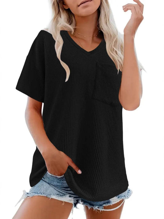 Ribbed V-Neck Oversized T-Shirt Black Trendsi fa593e481b434044bf58491e90f8ca42-Max-Origin