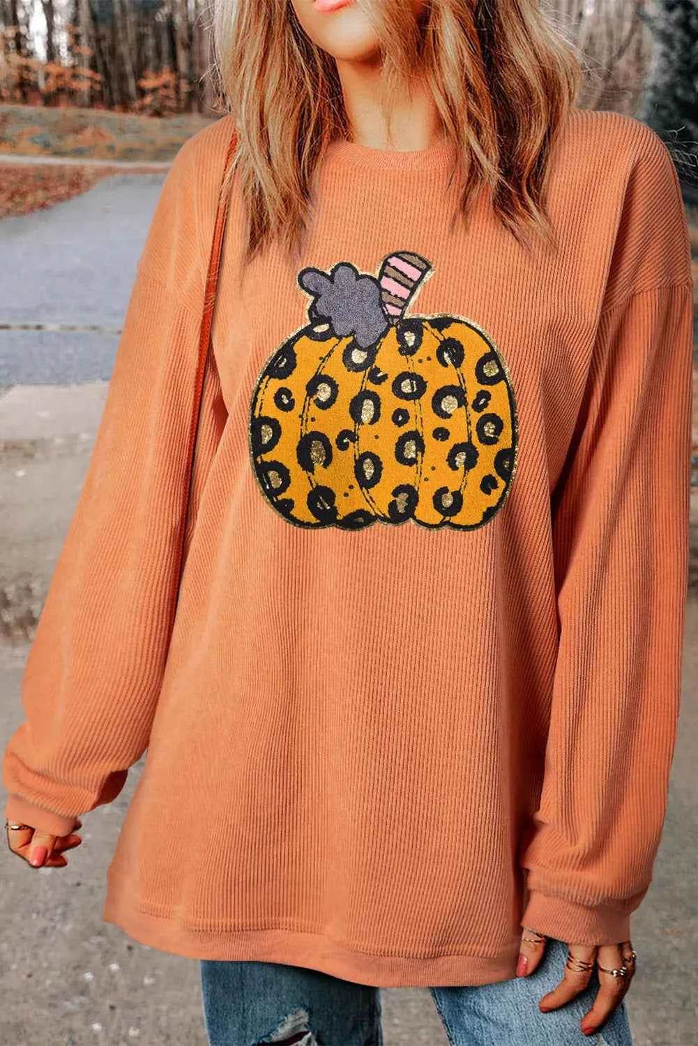 Pumpkin Round Neck Long Sleeve Sweatshirt Trendsi fa6907a1-d6d4-4e02-b186-7eab4d3e7874-Max